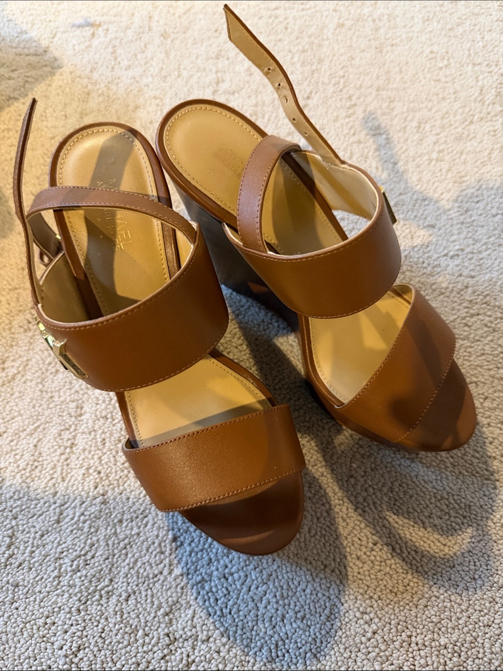 Michael Kors Tan Brown Leather Block Heel Sandals